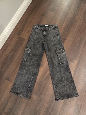 Women's Black Acid-Wash Bootcut Cargo Jeans